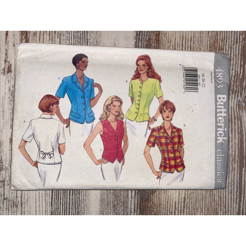 Butterick 4893 Sewing Pattern Womens Shirts Vest Sizes 18-20-22 Uncut 1990s